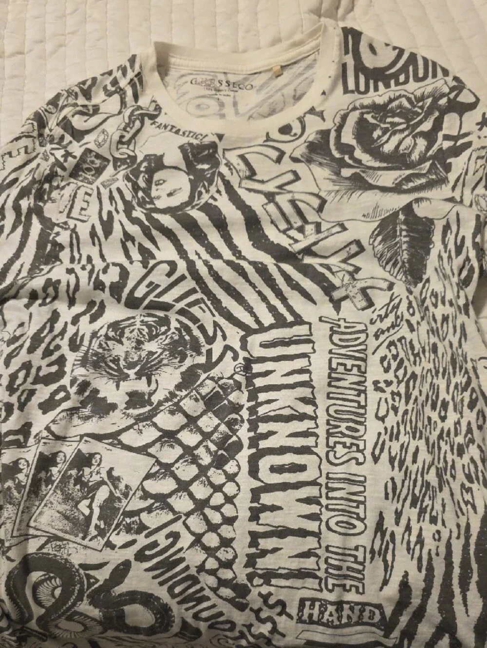 GUESS White Short Sleeve Graphic Tee with Black Illustrations - Picture 3 of 4